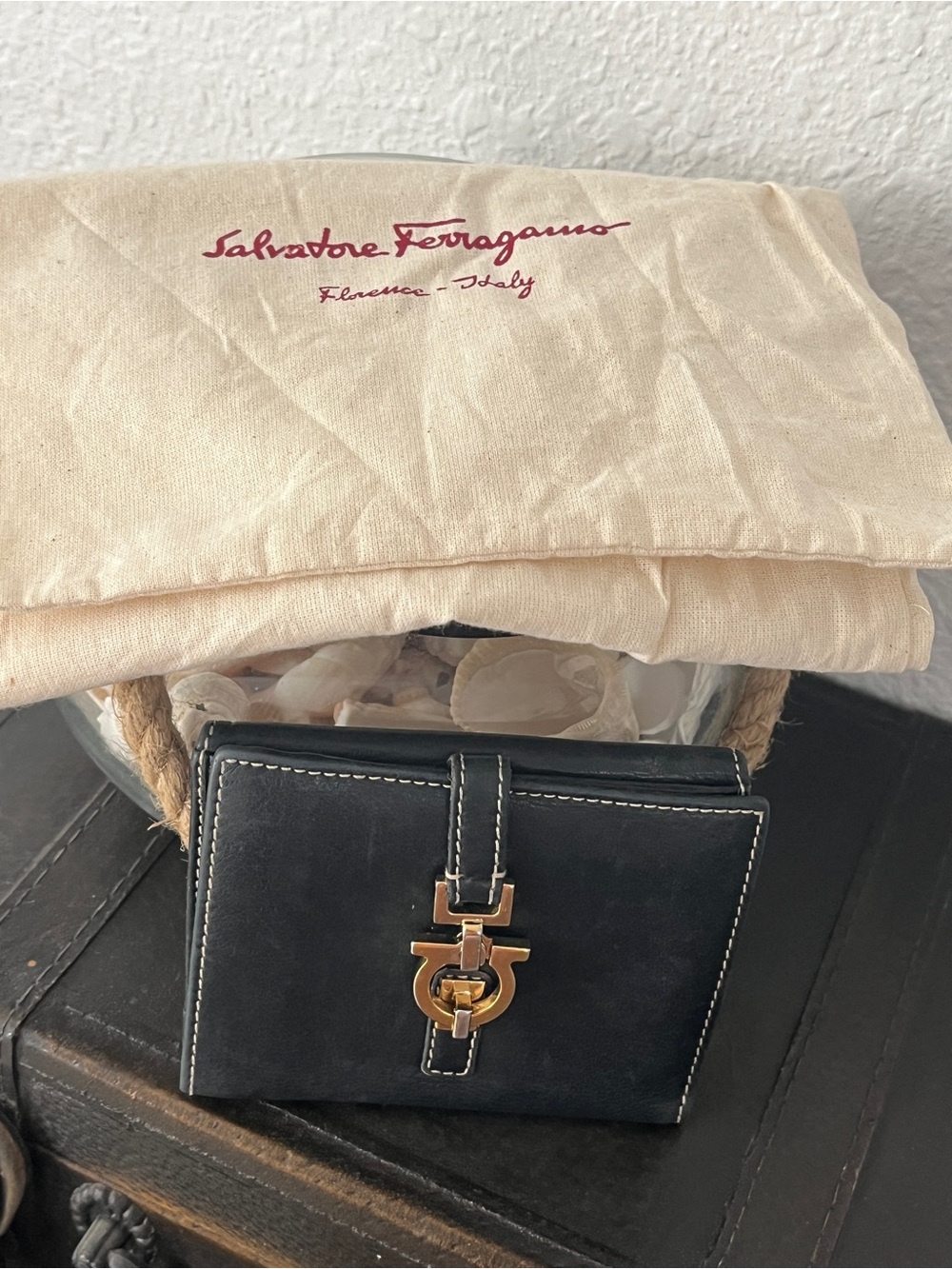 Salvatore Ferragamo Black Leather Wallet with Gold Gancini